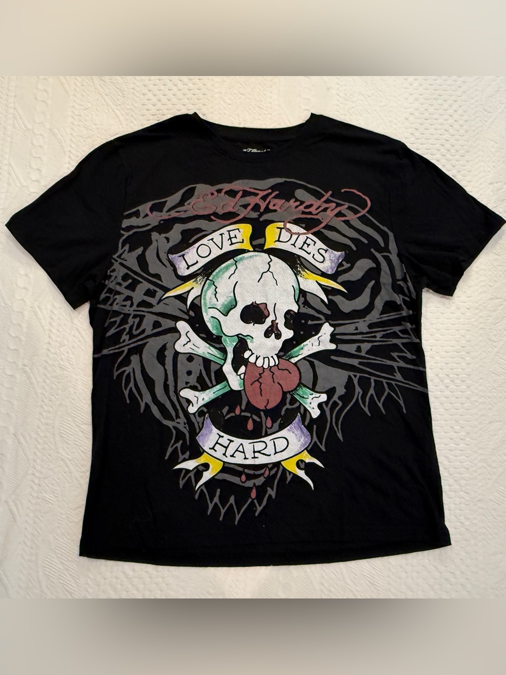 Ed Hardy Tee Shirt "Love Dies Hard" Men’s Sz Large L Graphic Black Cotton